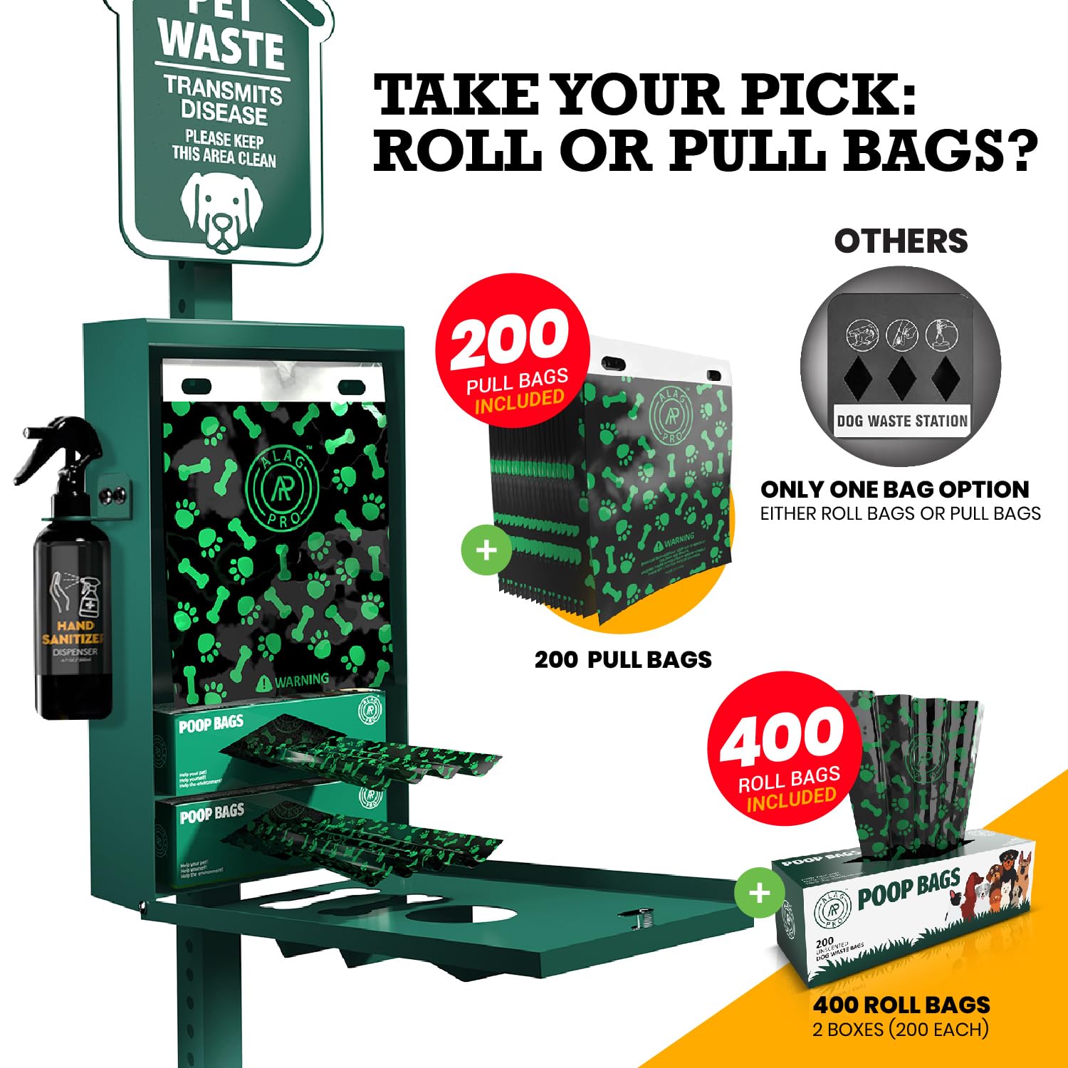Alagpro New 2025 Dog Waste Station Outdoor With Hand Sanitizer Bottle, Commercial Pet Poop Station, Free 400 Roll, 200 Pull Wast