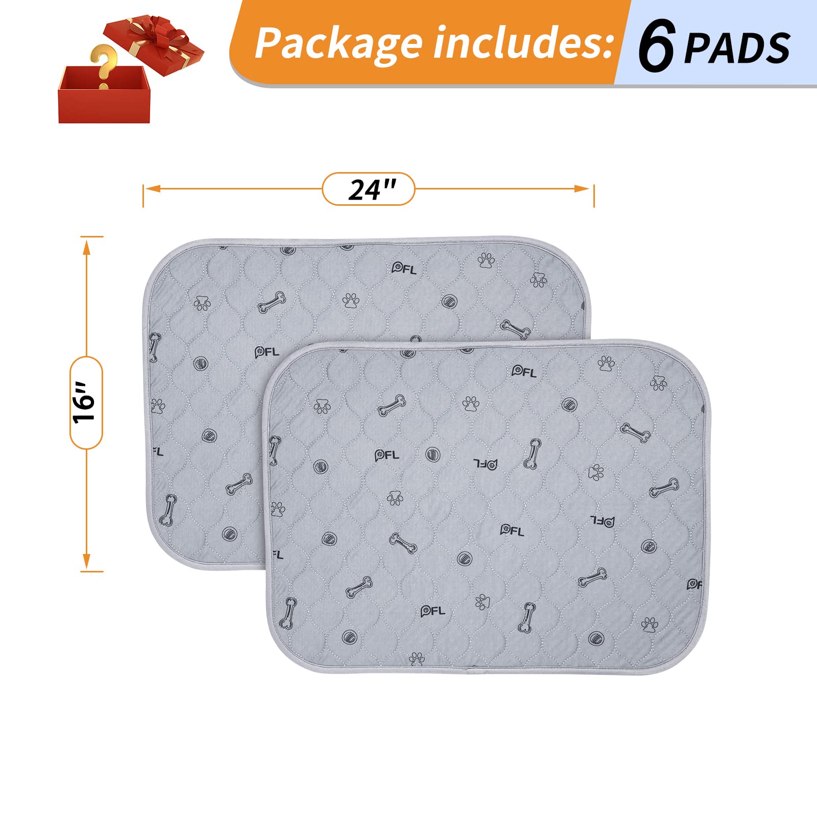 Washable Pee Pads For Dogs, 6Pack Reusable Puppy Pads, Absorbent Whelping Pads With Bone Print, Non-Slip Waterproof Pet Training