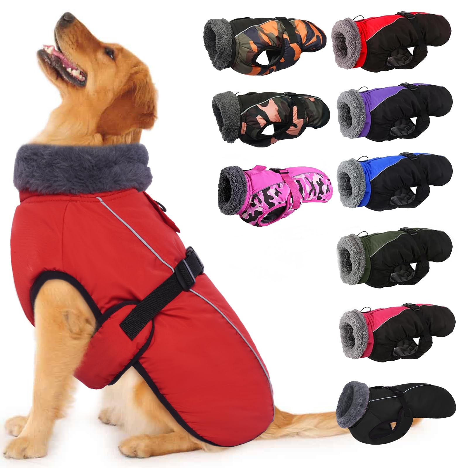 Iecoii Extra Warm Reflective Adjustable Dog Jacket - Fleece Turtleneck Winter Coat For Small To Extra Large Dogs