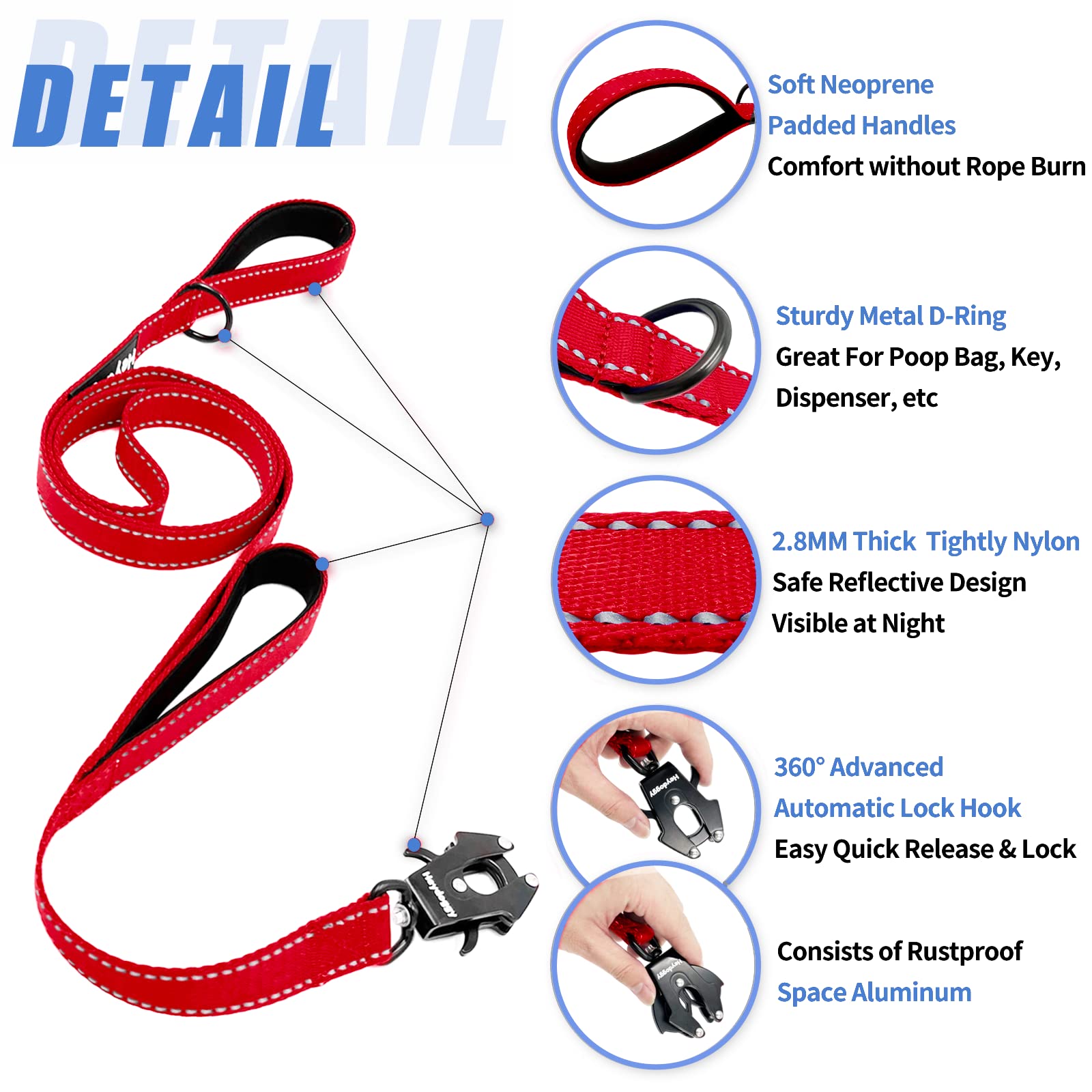 Strong Heavy Duty Dog Leash - 6Ft Reflective Nylon Training Leash With Soft Padded Double Handle & Auto Lock Frog Clip - Safety Traffic Control For Large Medium Small Dogs No Pull Walking (Red,6Ft)