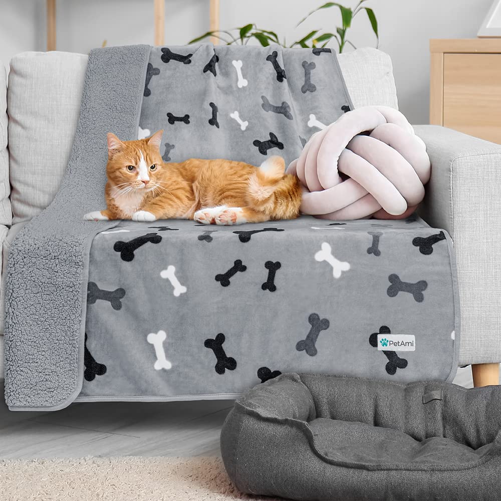 Petami Waterproof Dog Blanket For Small Medium Dogs, Pee Proof Pet Blanket Sherpa Fleece Couch Cover, Reversible Cat Throw Bed Sofa Protector, Soft Plush Washable Pad (Small 24X32, Bone Print Gray)