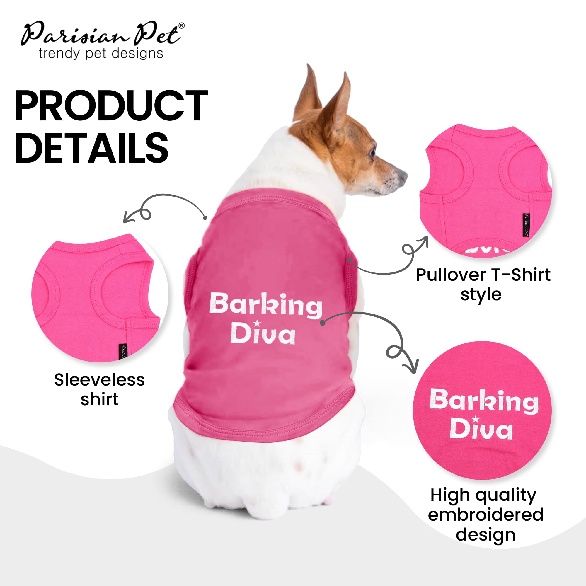 Parisian Pet Dog Tshirt - Embroidered Barking Diva Girl Dog Clothes - Breathable And Lightweight Pet Vest - Sleeveless Pink Tee