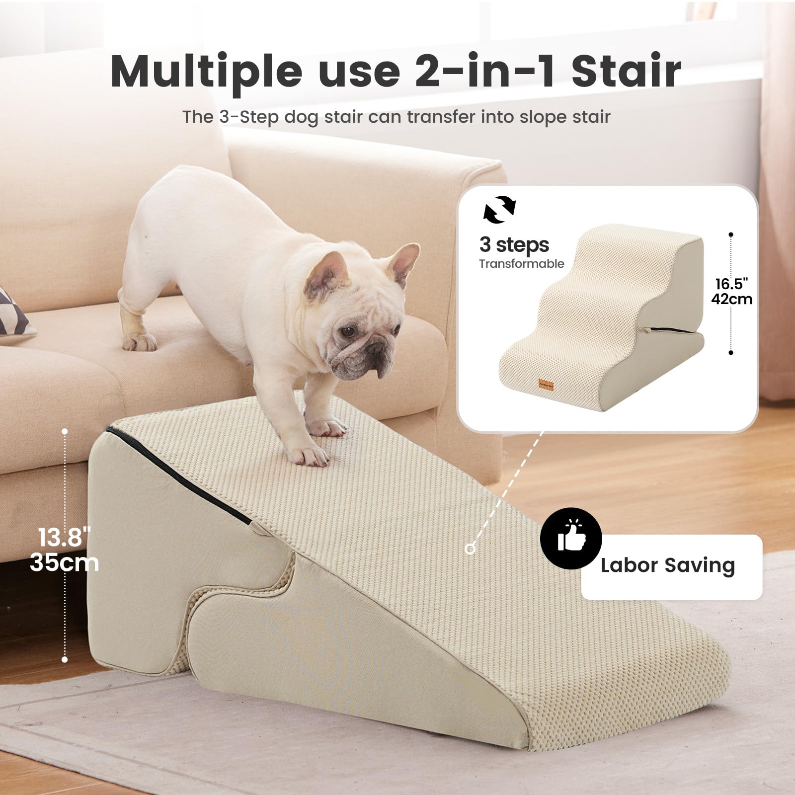 Gardner Pet Dog Stairs for Small Dogs 16.5 H, 2 in 1 Transformable 3-Step Pet Stairs and Dog Ramp for Couch (13-20 in), Beige Ad