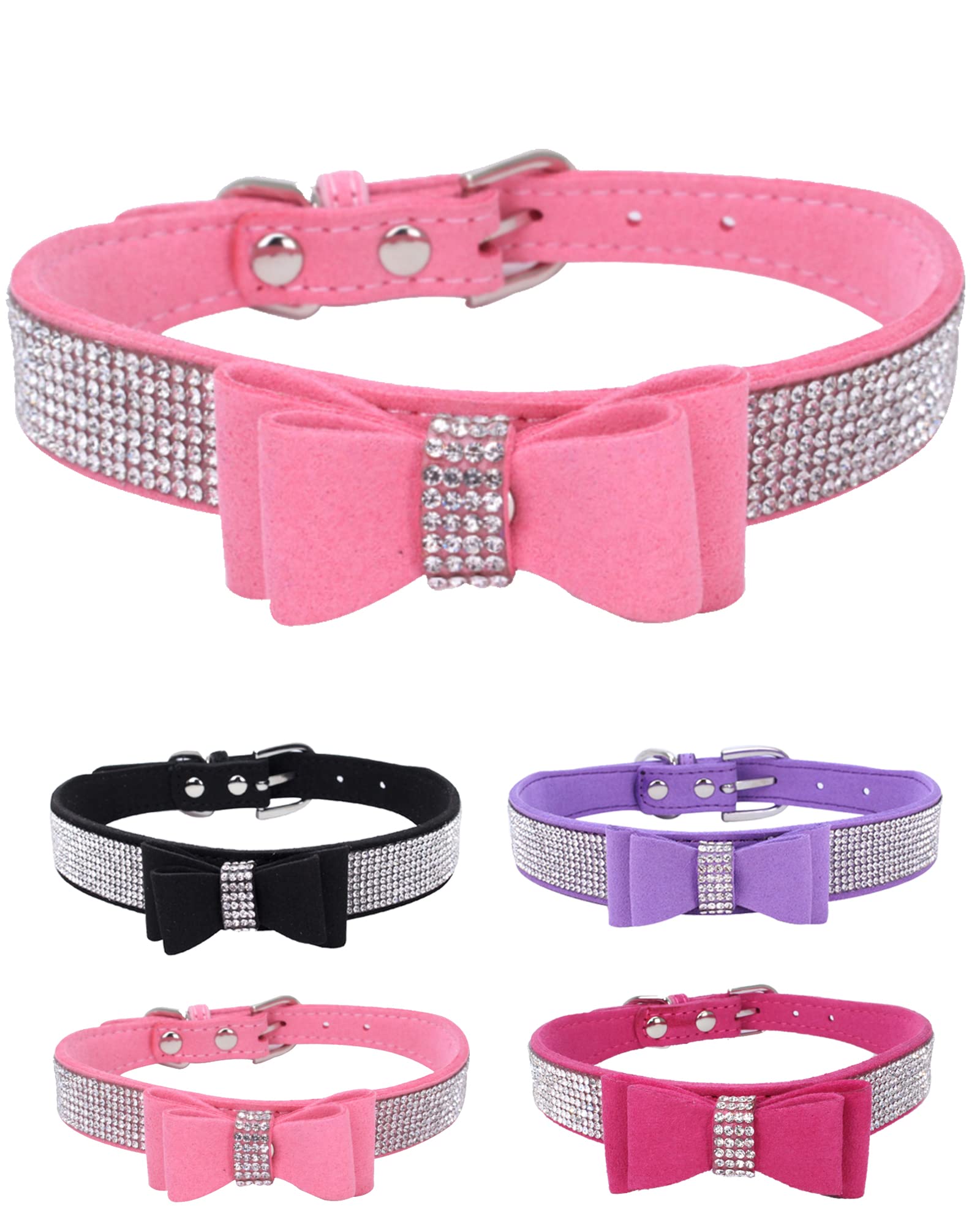 Rhinestone Dog Collar For Small Medium Large Dogs, Adjustable Leather Suede Bling Dog Collars,Diamond Bow Tie Puppy Collars For Boy And Girl.