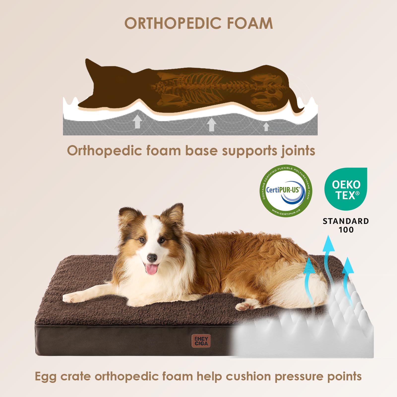 EHEYCIGA Orthopedic XXL Dog Beds for Jumbo Dogs with Removable Washable Cover,Brown, 50x36