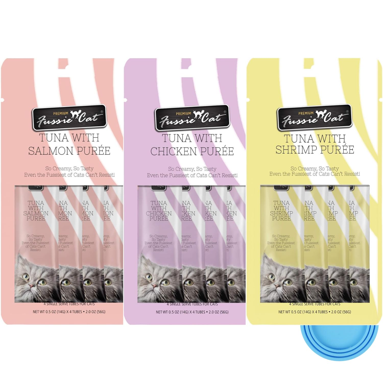 Fussie Cat Premium Puree Lickable Cat Treats in Tuna Puree, Lickable Treats, 3 Packs of 4-0.5oz Tubes,(12 Total Tubes) Variety F