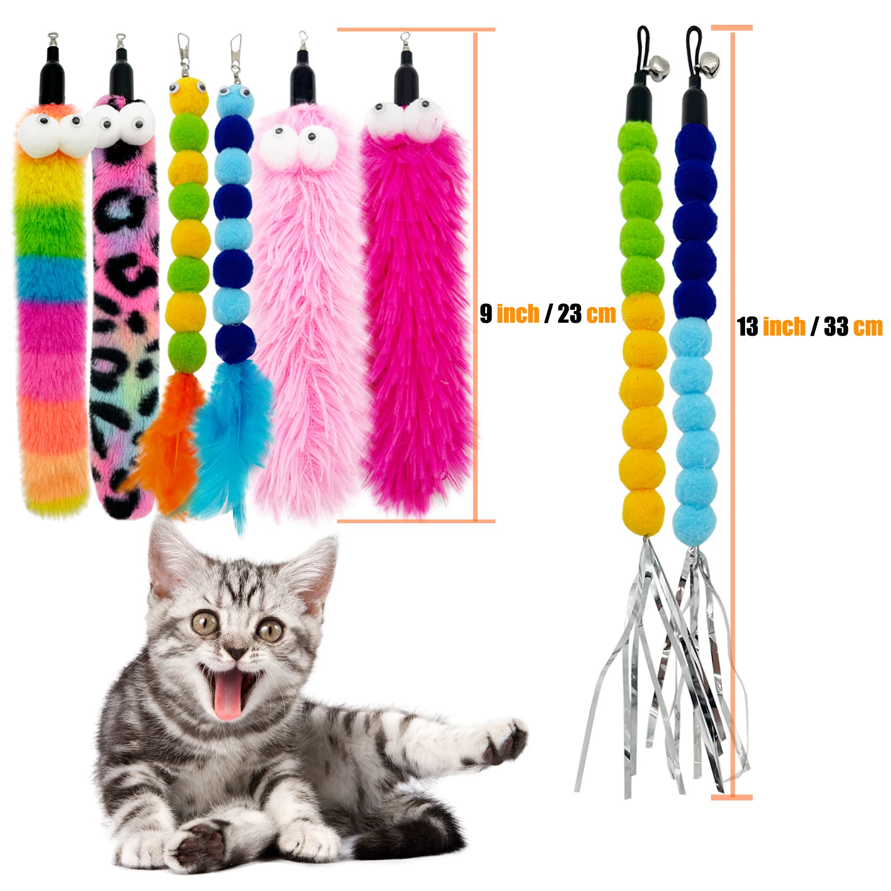Cateneed Cat Wand Replacement Worm Cat Toys, 8 Pieces Cat Wand Attachments Assorted Worms Feather Refill Toy For Indoor Cats