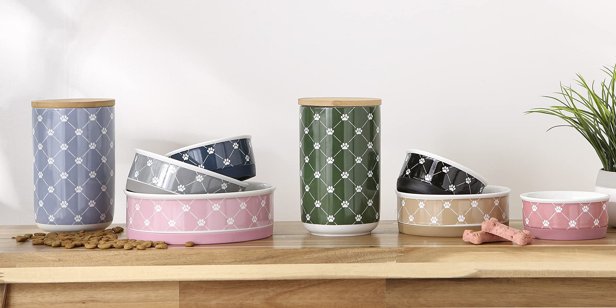 Bone Dry Trellis Paw Print Pet Treat Canister with Bamboo Lid Dog & Cat Treat Jar for Countertop Storage, Keep Training Bones &