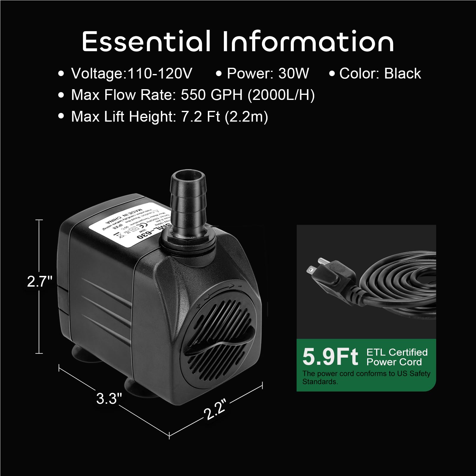 Growneer 2 Packs 550Gph Submersible Pump 30W Ultra Quiet Fountain Water Pump, 2000L/H, With 7.2Ft High Lift, 3 Nozzles For Aquarium, Fish Tank, Pond, Hydroponics, Statuary