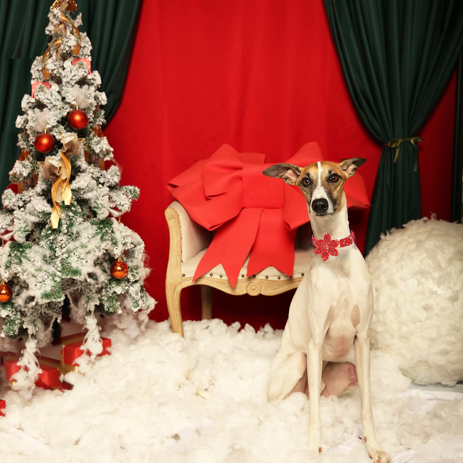 Unique Style Paws Christmas Dog Collar With Flower Tie Red Elk Pure Cotton Collar Adjustable Puppy Collar For Small Medium Large Dogs-Xs