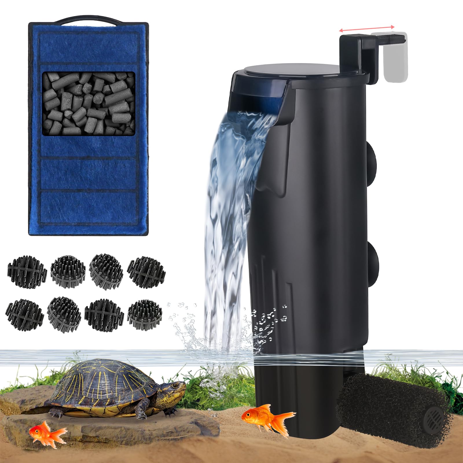 Turtle Tank Filter Aquarium Internal Filter for 3 to 20 Gallon Fish Tank, Bio-filtration Low Water Level Small Power Canister Fi