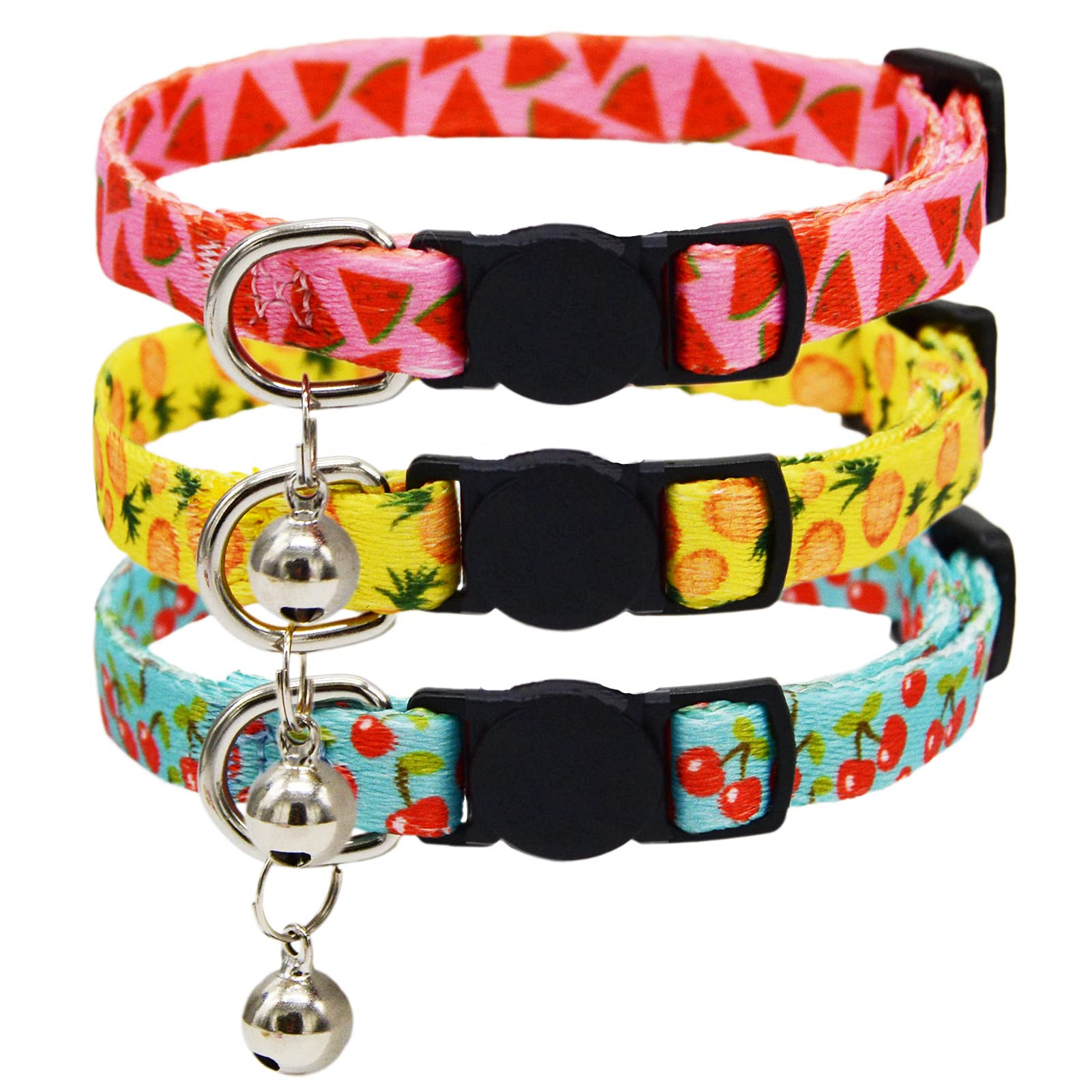 3 Pack Fruit Cat Collar With Bell Safety Breakaway Kitten Collars For Spring Summer Watermelon Pineapple Cherry