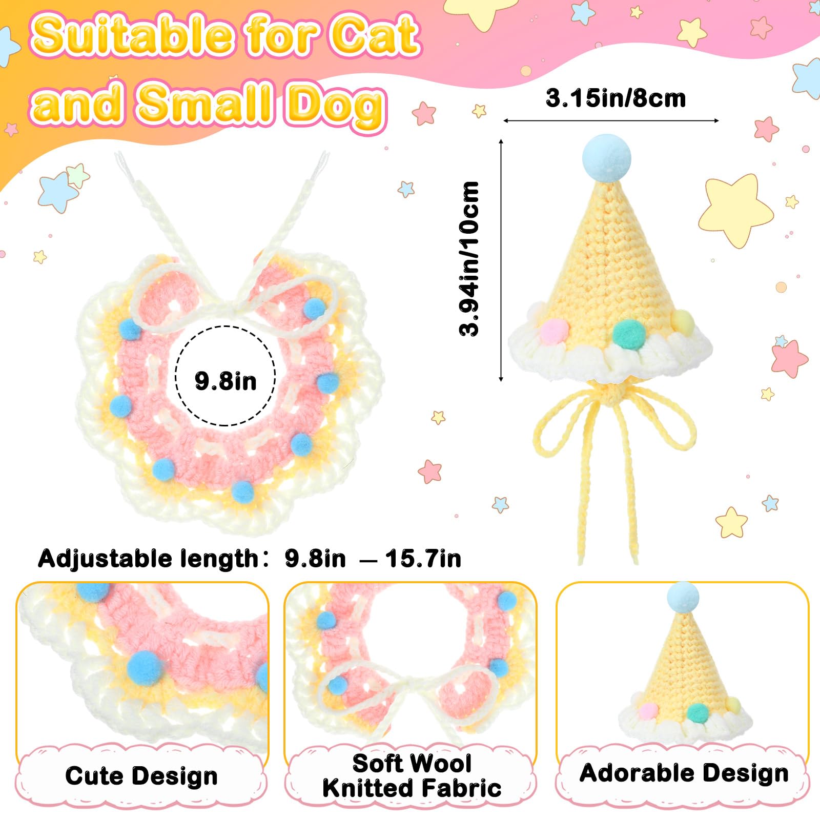 Sanwuta 2 Pcs Cat Birthday Party Supplies, Knit Cat Hat Kitten Birthday Bib Knit Bandana Pet Party Costume Headwear Accessories