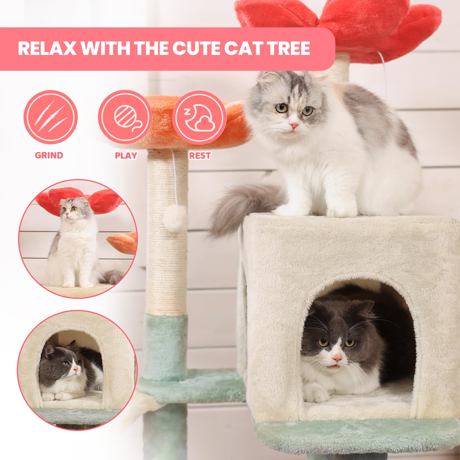 Hyabi 48 Inch Modern Cat Tree Tower With Hanging Basket & Flower Design - Multi-Level Cat Furniture With Plush Perches, Scratch Posts, Toy Balls - Stylish Indoor Playhouse For Cats & Kittens