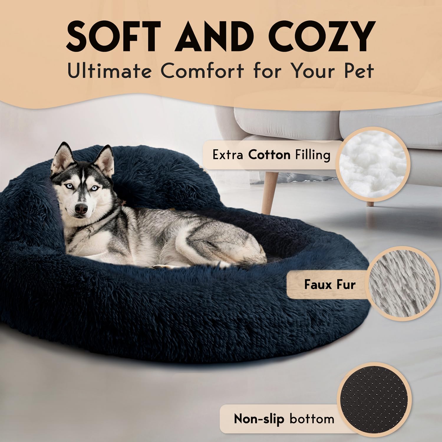 PetJett Calming Dog Beds Large Sized Dog - 36 Round Bed, Anti-Slip & Washable Super Soft Donut Bed, Fluffy Faux Fur Anti-Anxie