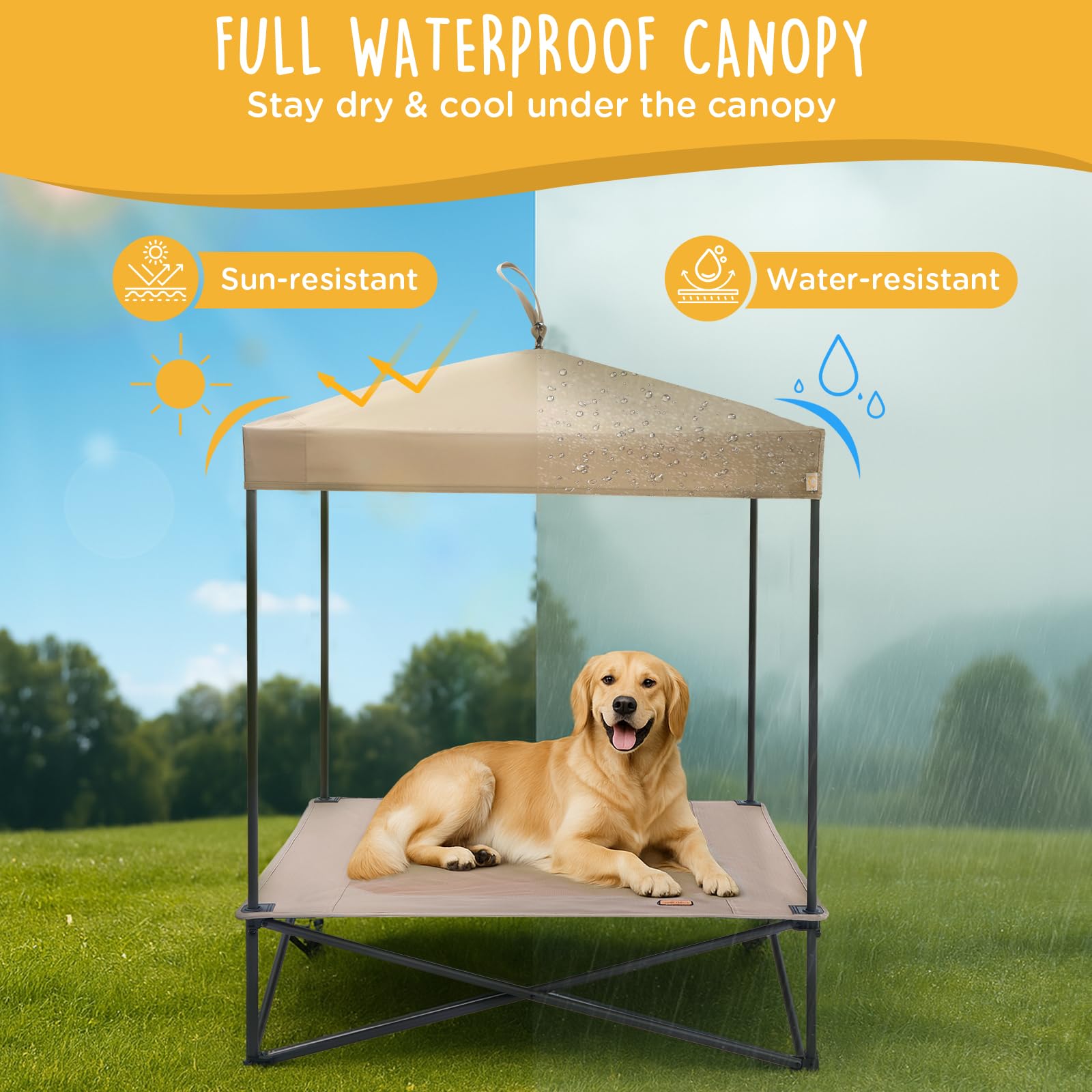 CANINE CANYON Piper Pop-Up Canopy Cot - Large Foldable Elevated Dog Bed with Waterproof Shade, Cooling Mesh, Heavy Duty up to 11