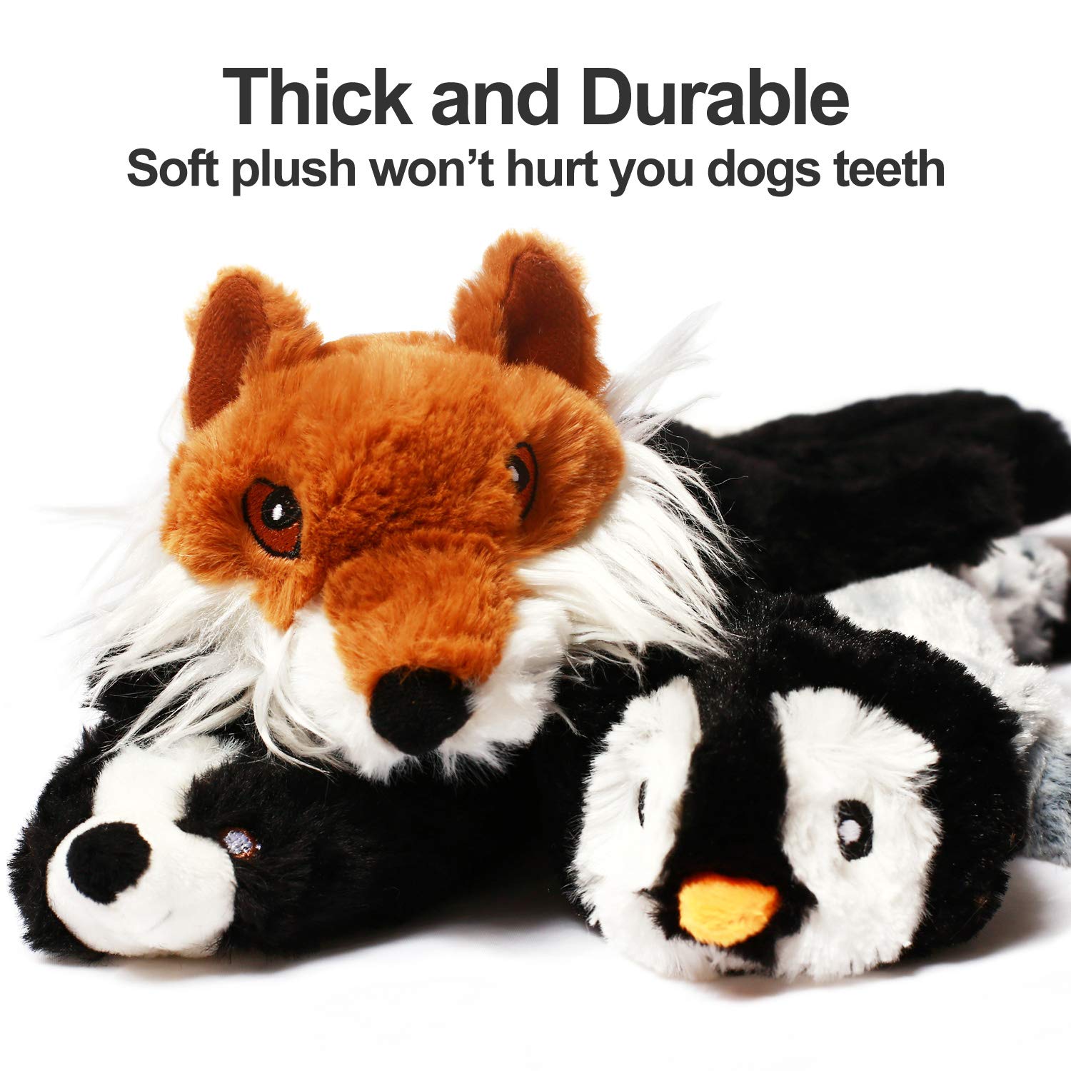 Cnmgbb No Stuffing Dog Toys With Squeakers, Durable Stuffingless Plush Squeaky Dog Chew Toy Set,Crinkle Dog Toy For Medium And Large Dogs, 5 Pack(Squirrel Raccoon Fox Skunk And Penguin), 24Inch