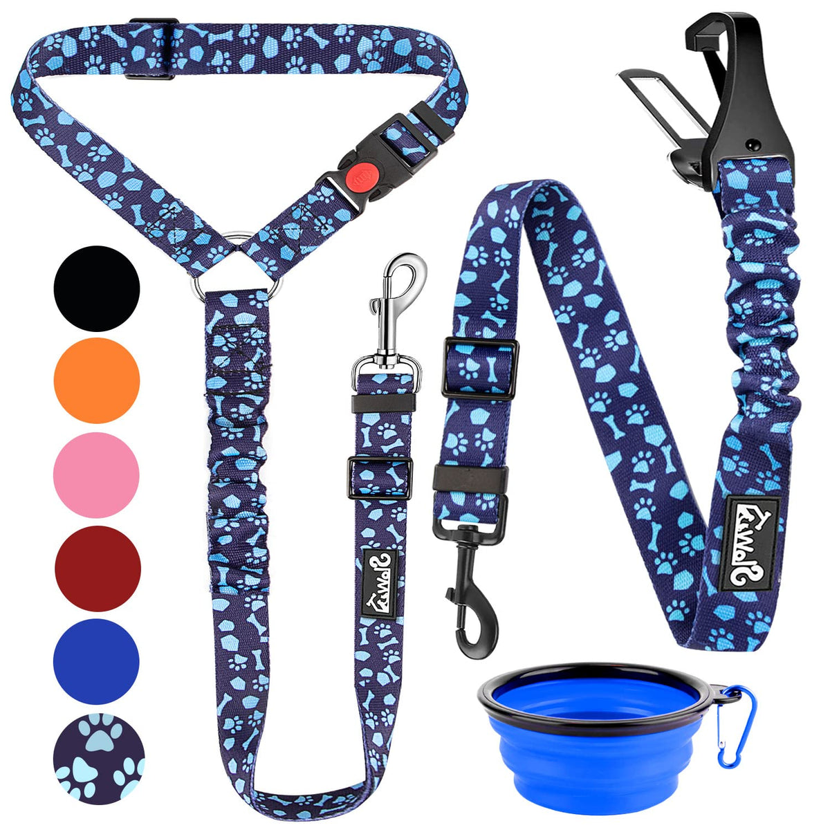 Lukovee Dog Seatbelt Leash For Cars, 2 Pack Pet Safety Car Seat Belt With Adjustable Buckle & Reflective Bungee, Connect Dog Harness In Vehicle Car Dogs Restraint Travel Daily Use (Blue Paw)