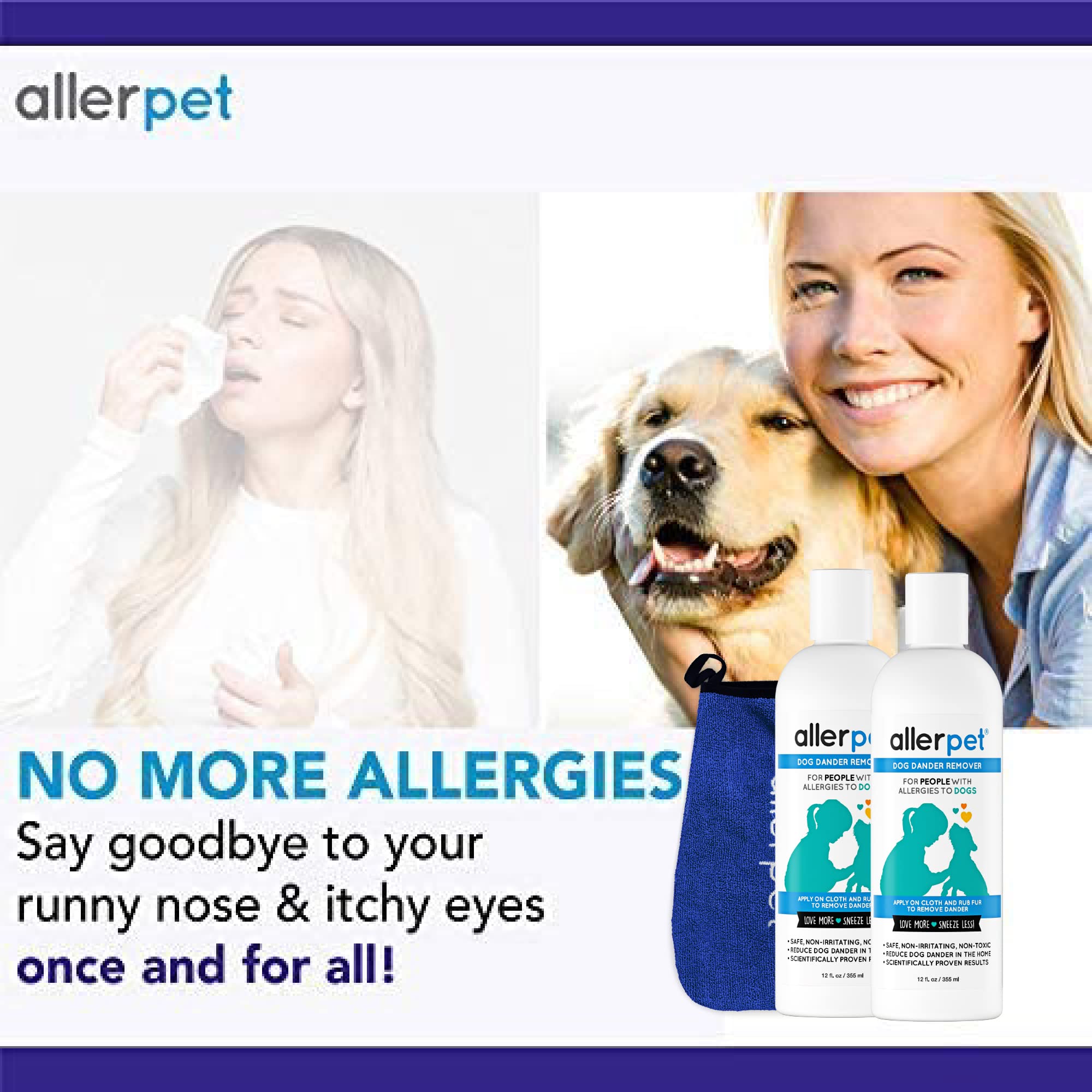 Allerpet Dog Dander Remover w/Free Applicator Mitt - Best Pet Dander Remover for Allergens - for Canine Dry Skin Treatment - Goo