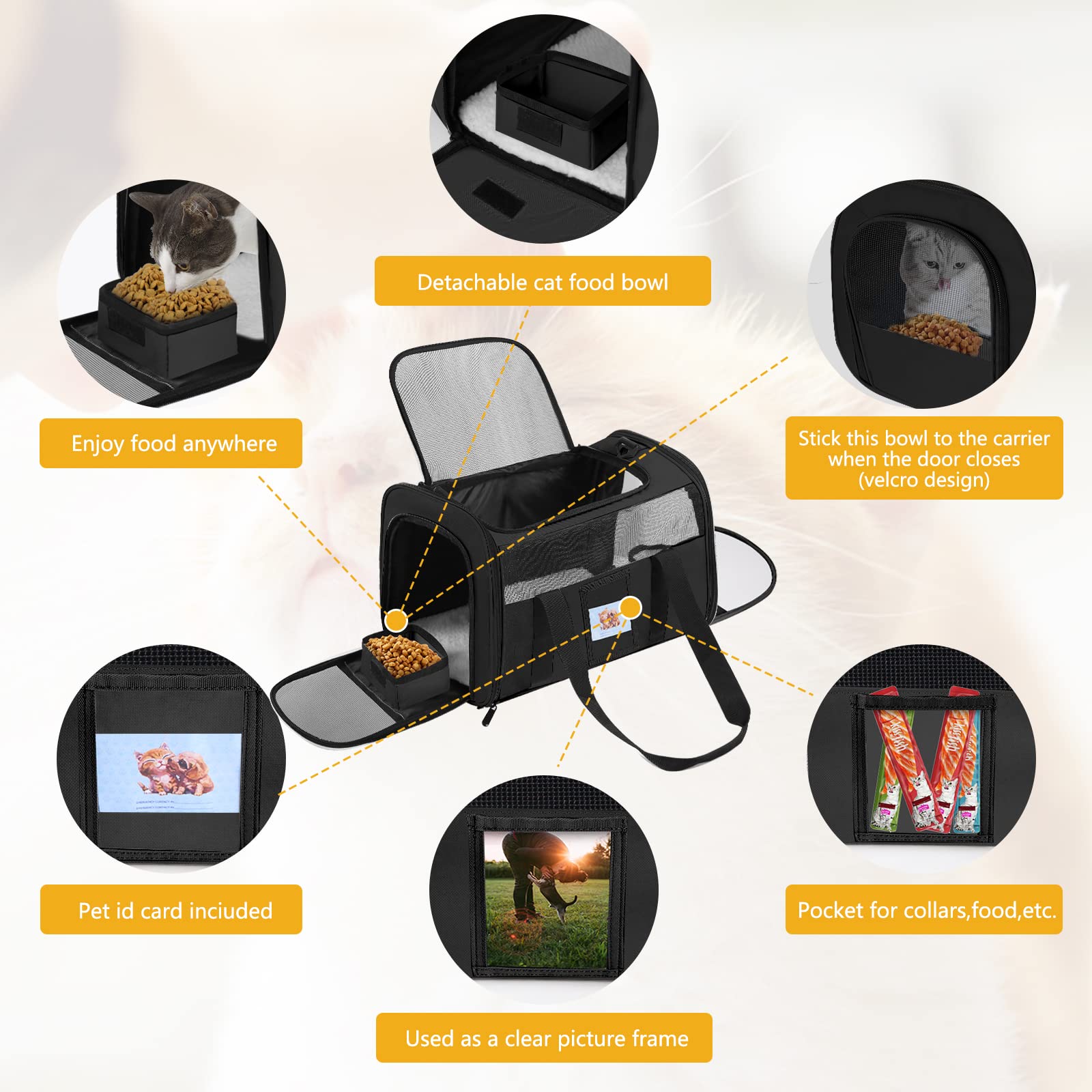 Seclato Pet Carrier - Airline Approved For Small Dogs, Kittens, Cats Under 15Lb - Collapsible Soft Sided Tsa Cat Travel Carrier - Black