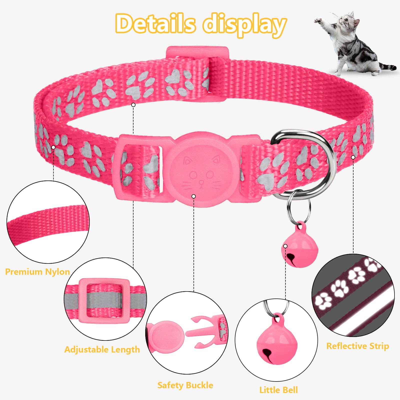 Taglory Reflective Cat Collars Breakaway With Bell, 2-Pack Girl Boy Pet Kitten Collar Adjustable 7.5-12.5 Inch, Pink