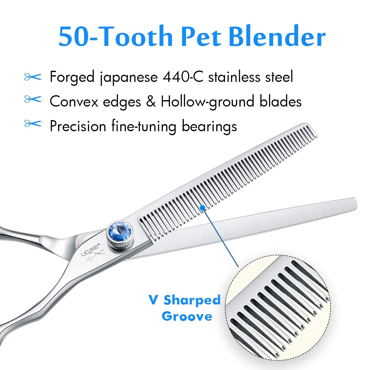JASON 7 Silver Thinning Dog Grooming Scissors, 50 Teeth Ergonomic Blender Shears for Cats & Dogs, 30% Thinning Rate, Offset Handle
