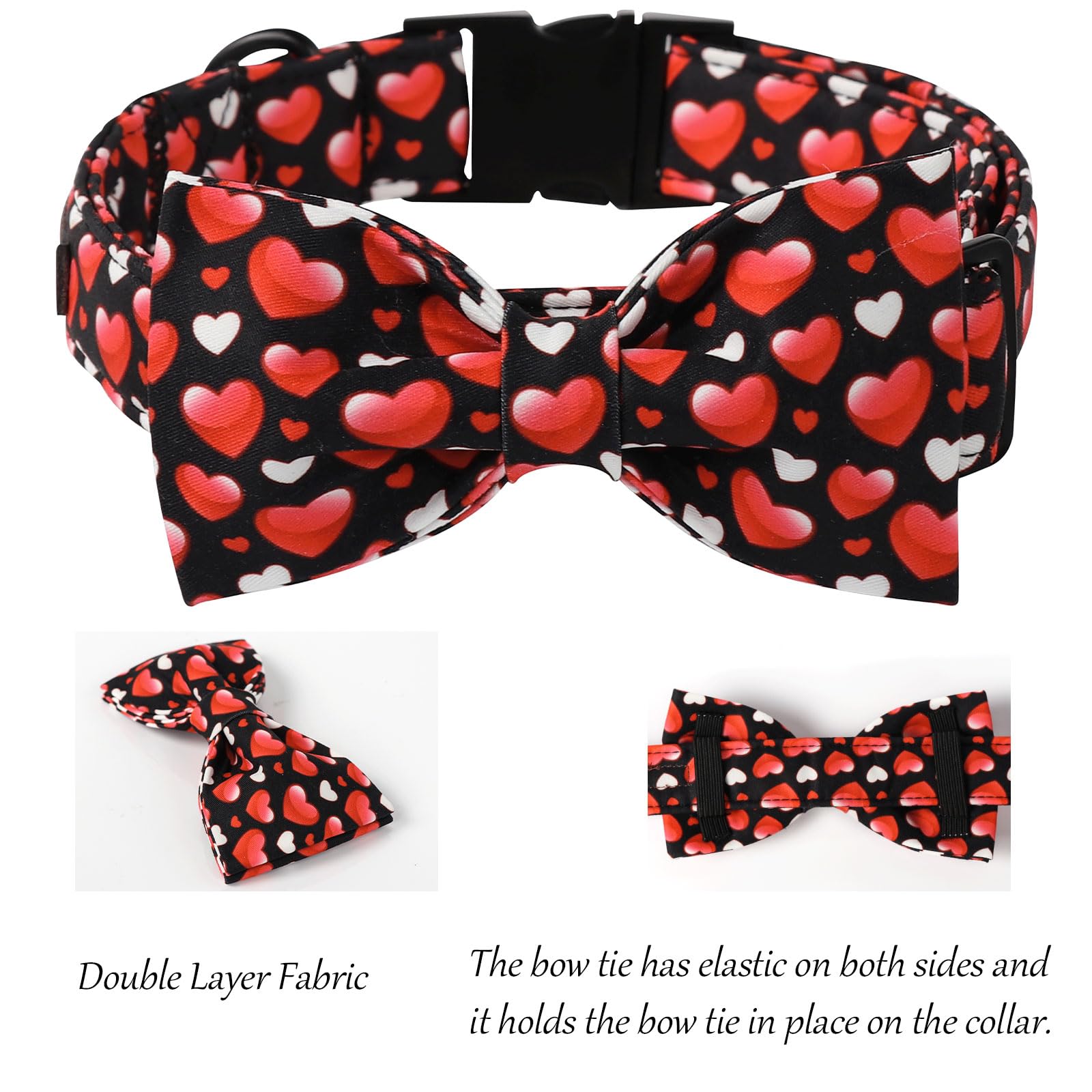 Lionet Paws Valentine'S White Dog Collar, Cute Heart Black Dog Collar For Small Dogs, Adjustable Cotton Love Pet Puppy Collars F