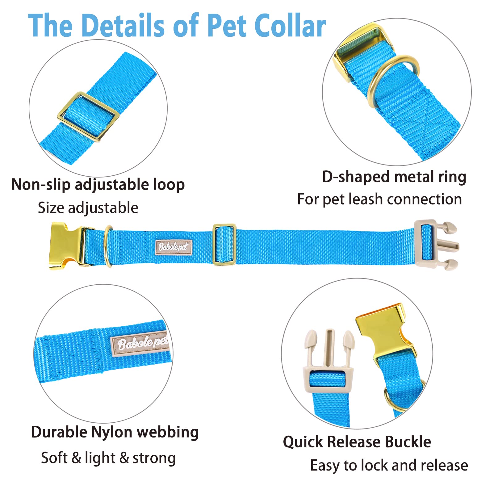 Babole Pet Nylon Dog Collar - Adjustable Blue Soft Webbing Dog Collars For Small Medium Large Dogs Boy Girl Puppy Collar With Sa