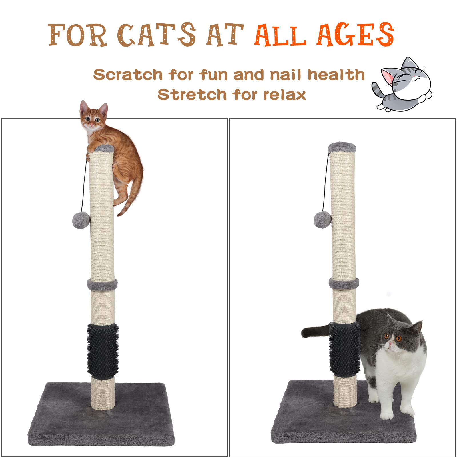 Anwa Tall Cat Scratching Posts For Indoor Cats And Kittens, 32?Vertical Scratching Post With Reinforced Base, Premium Sisal Cat Scratching Post With Dangling Plush Ball And Self-Grooming Brush