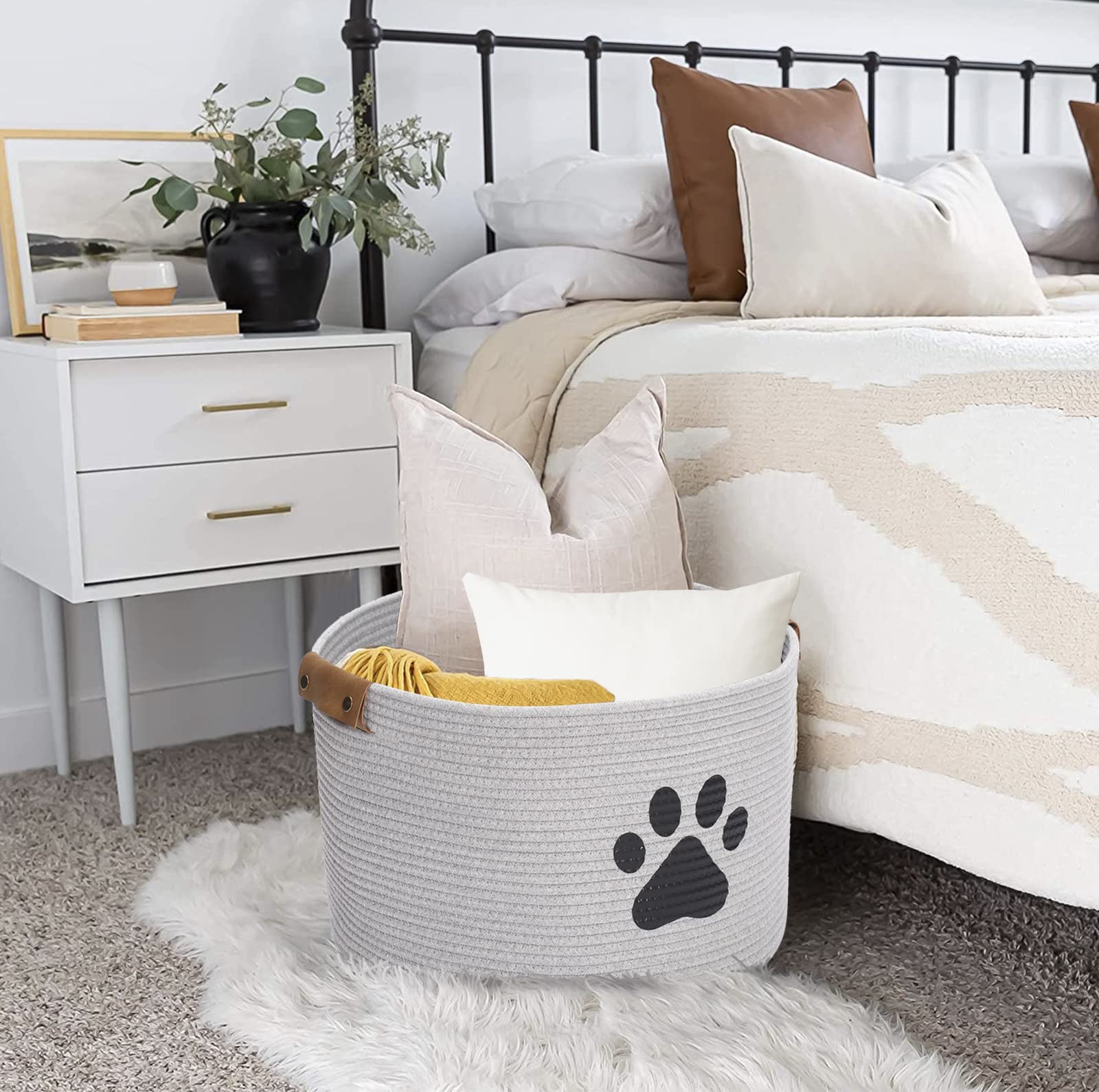 Geyecete Round Dog dog toy basket storage weave Rope Storage Basket Pet/Doy Toy Box Dog Storage Basket-Gray