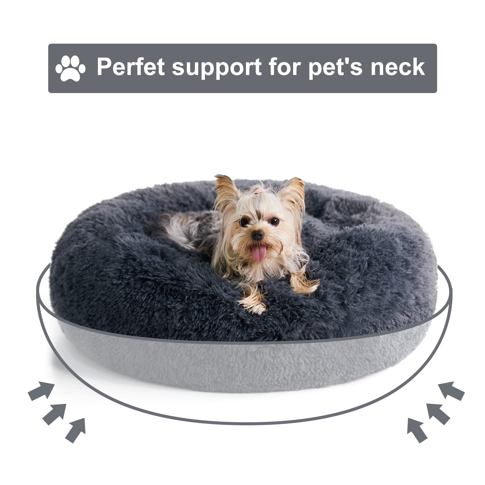 Wnpethome Calming Dog & Cat Bed, Anti-Anxiety Donut Bed, Fluffy Faux Fur Cushion For Small Dogs And Cats (24 X 24 X 8 Inch, Navy