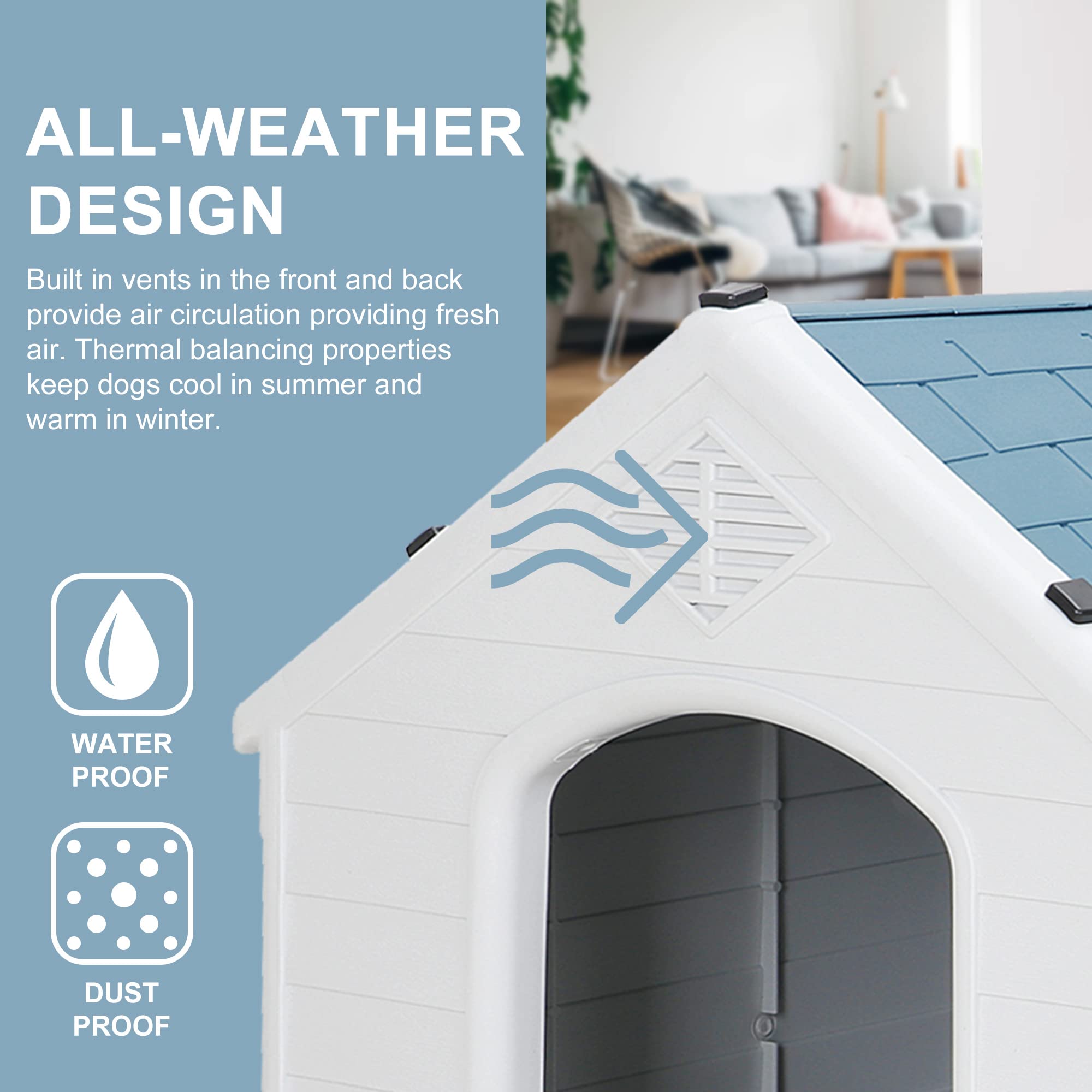 Zeny Plastic Dog House - Waterproof Dog Kennel With Air Vents And Elevated Floor All Weather Indoor Outdoor Insulated Doghouse P