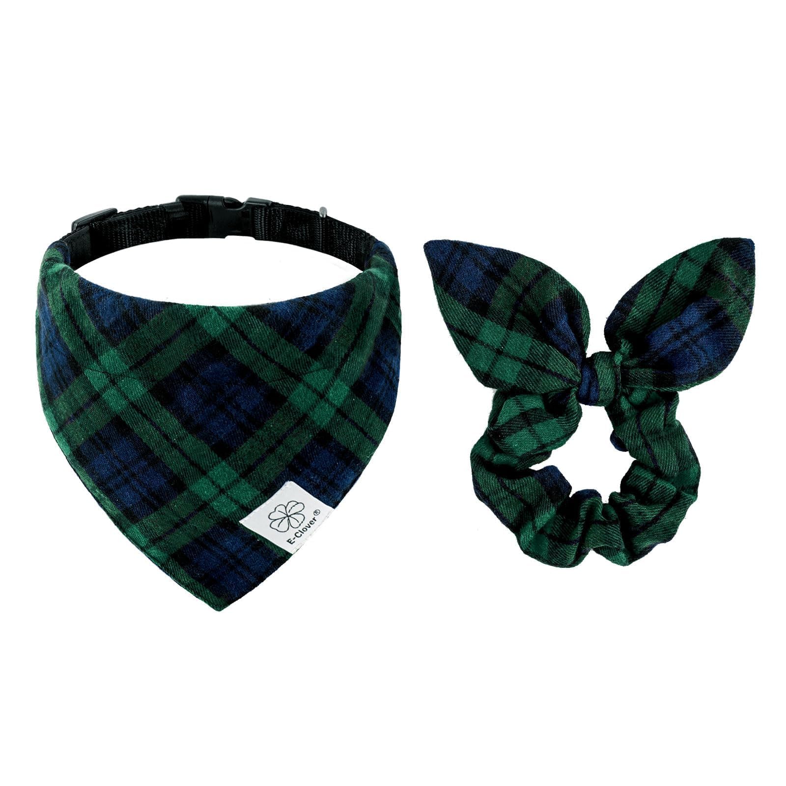 E-Clover Plaid Dog Collar & Matching Scrunchie - Adjustable Medium Dog Collar & Bandana For Small Medium Dogs - Green Blue