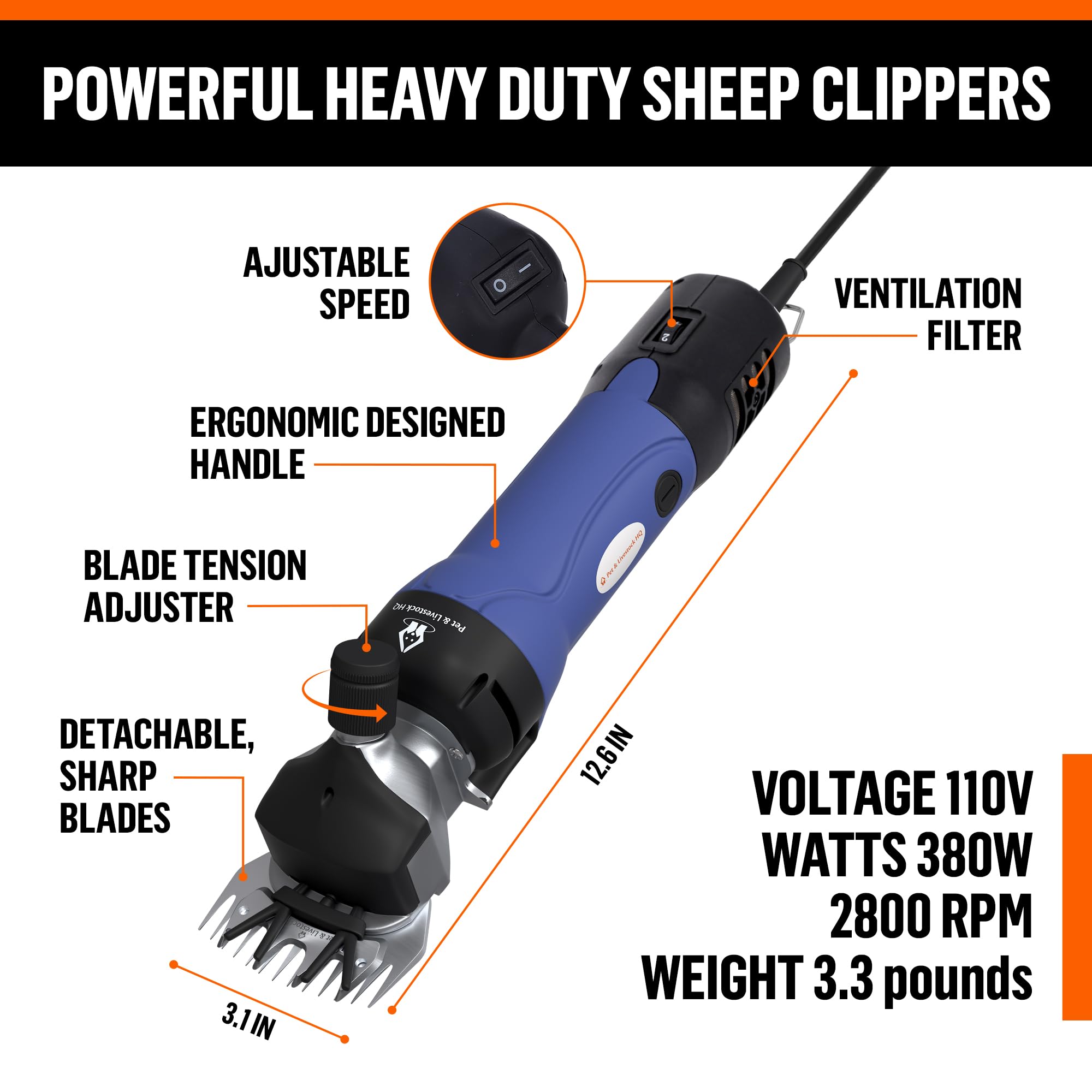 Sheep Shears Heavy Duty - Professional Electric Clippers Farm Livestock - Shearing Machine Hair Cutting Kit For Grooming (2 Blades Included)