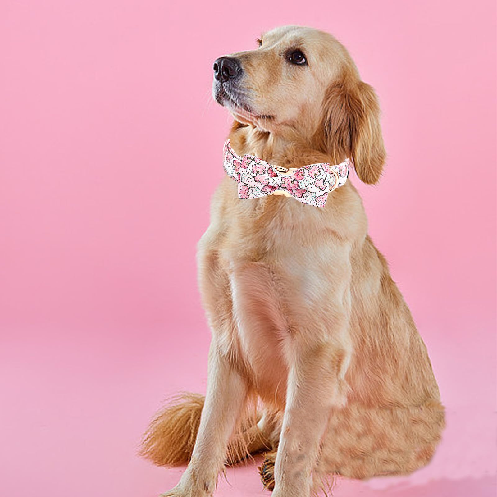 Elegant Little Tail Pink Elephant Cookies Print Cotton Soft Durable Adjustable Dog Collar With Bow For Large Dogs