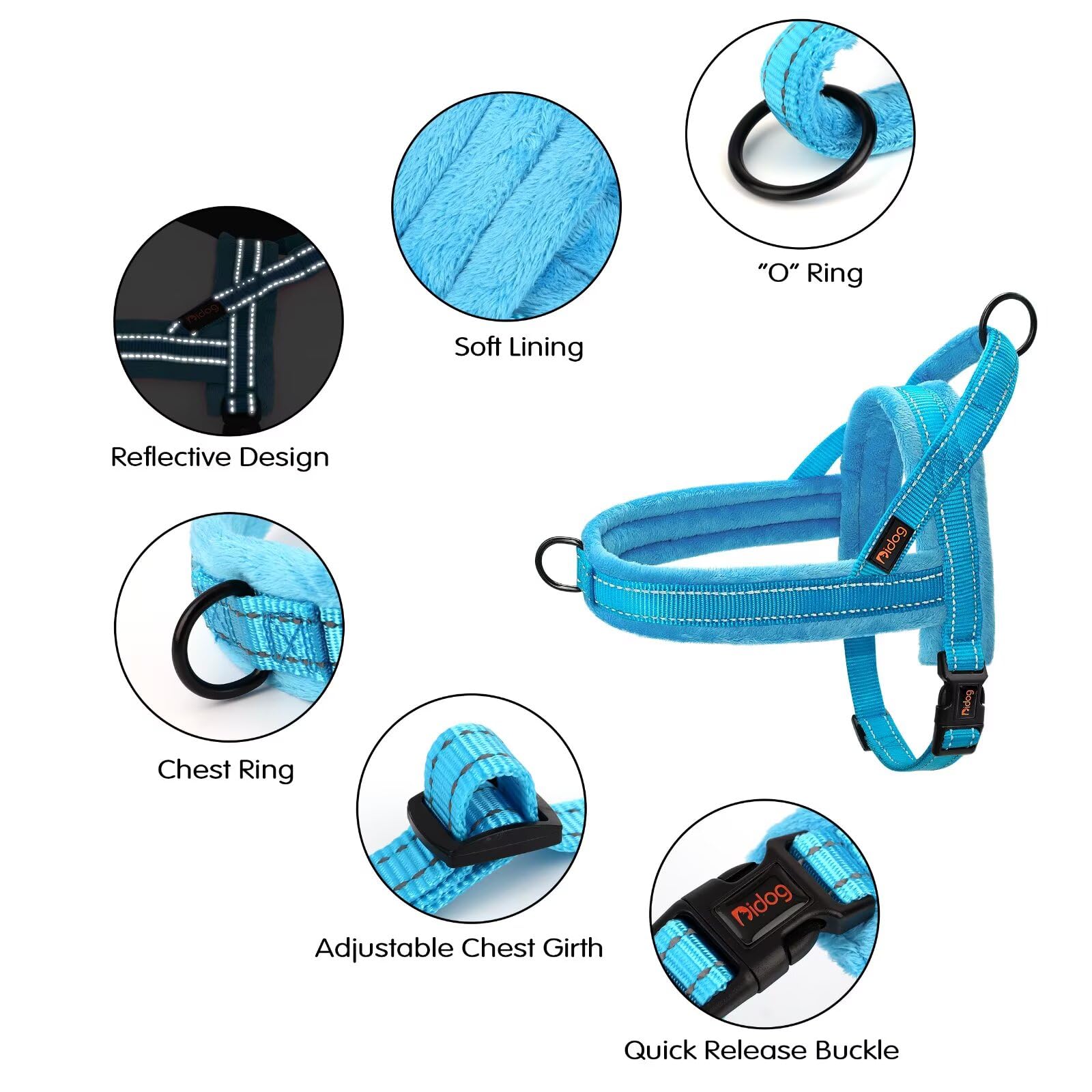 Didog Soft Flannel Padded Dog Vests Harnesses, Escape Proof/Quick Fit Reflective Dog Strap Harness,Easy For Training Walking,Blu