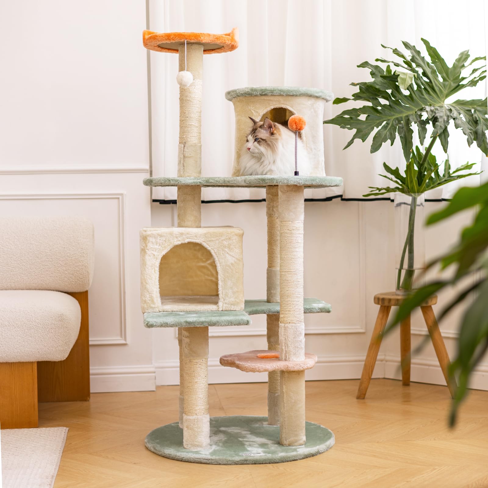 Hyabi 53-Inch Flower Cat Tree Cat Apartment Plush Habitat Kitten Amusement Platform House Furniture (Large 5 Platforms)