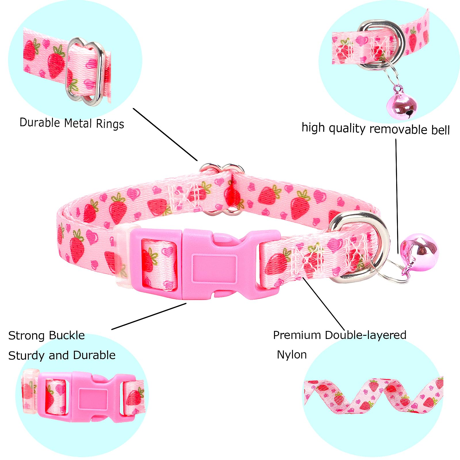 Cute Pink Xxs Xs Dog Collar With Bell, Soft Adjustable Strawberry Puppy Collar Tiny Cat Collars With Bells For Xs Small Girl Fem
