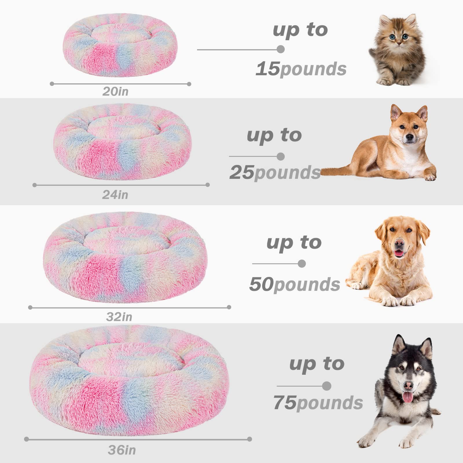 Patas Lague Calming Dog Bed For Small Dogs, Fluffy Soft Cozy Cat Bed, Faux Fur Anti-Anxiety Plush Donut Cuddler, Washable Pet Bed For All Seasons (20 In, Mixed Rainbow)