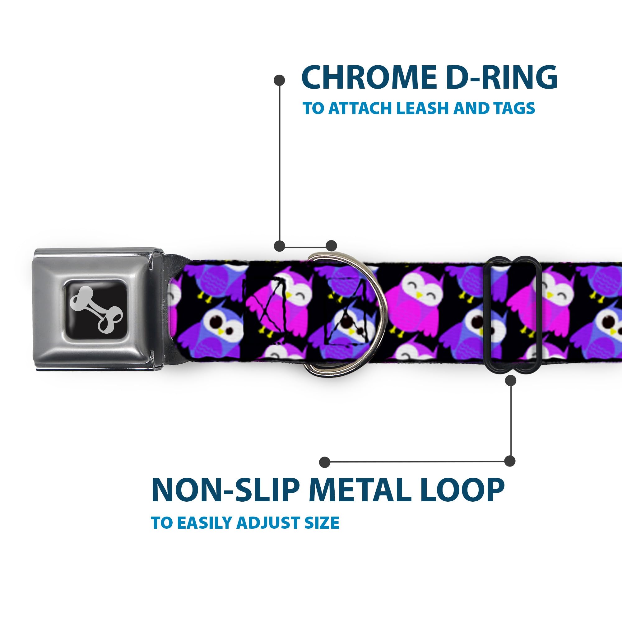 Dog Collar Seatbelt Buckle Owl Eyes Black Purples Pinks 16 to 23 Inches 1.5 Inch Wide