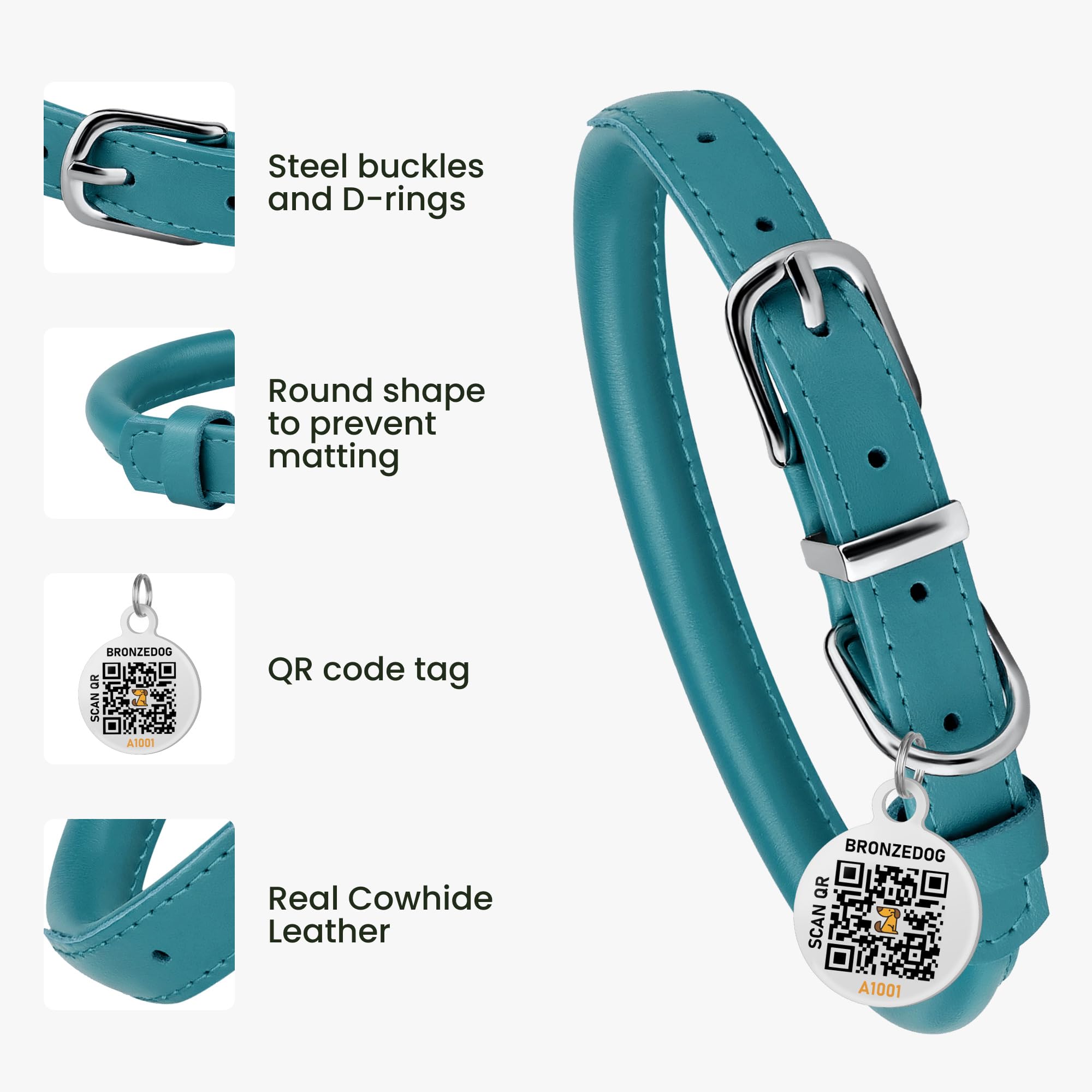 Bronzedog Rolled Leather Dog Collar For Small Medium Large Dogs With Qr Id Tag (S: 12-14 Inch, Teal)