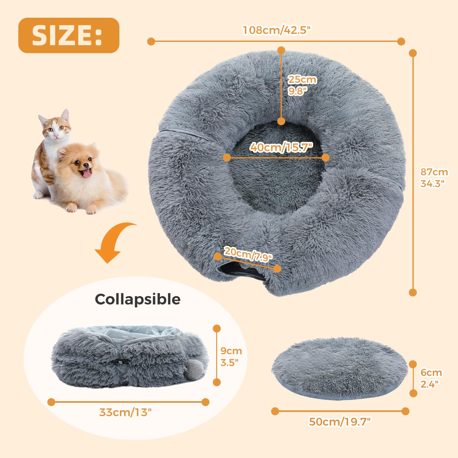 Pawz Road Large Cat Tunnel, Cat Tunnel Bed With Central Soft Mat And Dangling Balls, Collapsible Fluffy Plush Cat Tube (9.8 Inch