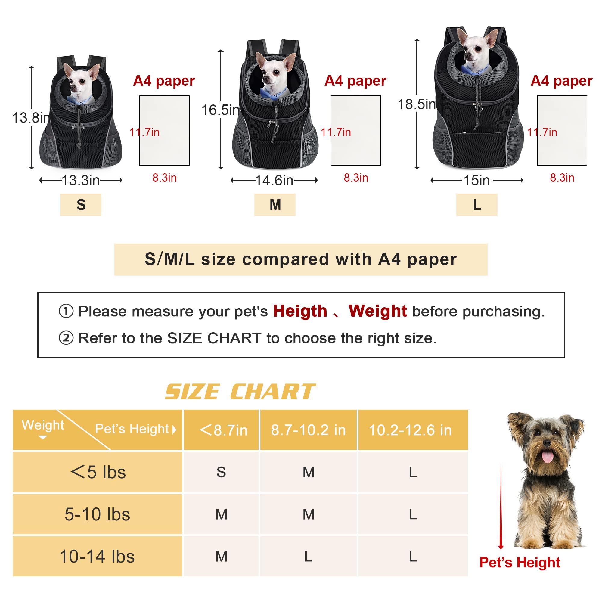 Woyyho Pet Dog Carrier Backpack Puppy Dog Travel Carrier Front Pack Breathable Head-Out Backpack Carrier For Small Dogs Cats Rabbits (L (Up To 14 Lbs), Black)
