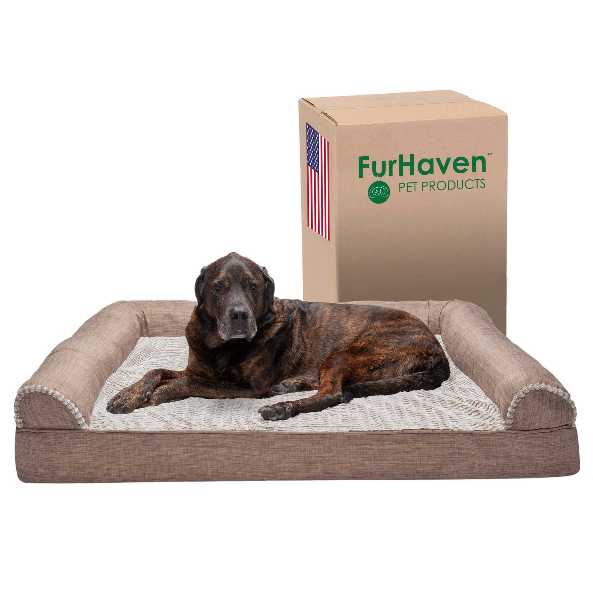 Furhaven Memory Foam Dog Bed for Large Dogs w/ Removable Bolsters & Washable Cover, For Dogs Up to 125 lbs - Luxe Faux Fur & Per