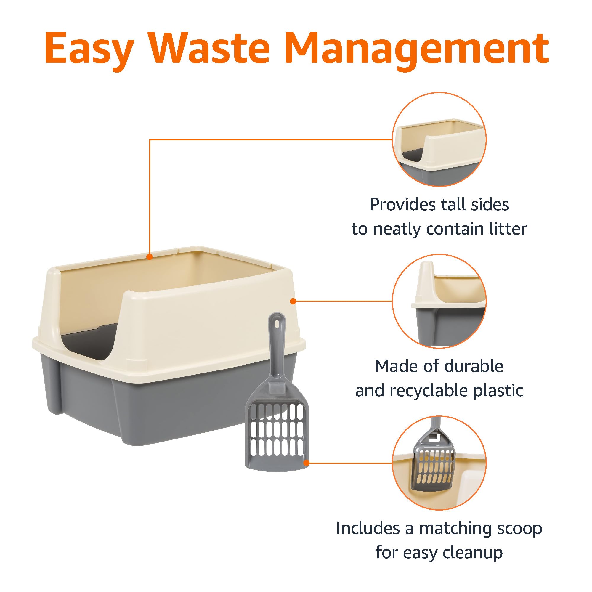 Amazon Basics Large Cat Litter Box With High Sides, Open Top, Includes Scoop, 19 X 15 X 11.75 Inches, Grey/Beige