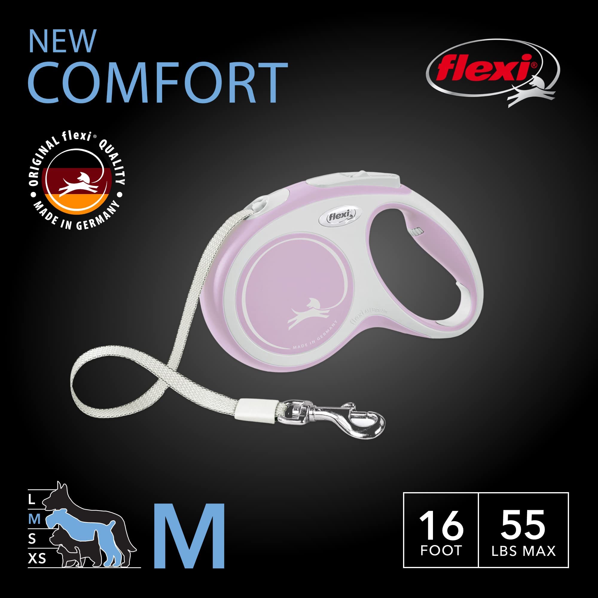 Flexi® New Comfort Tape Retractable Dog Leash For Medium Dogs Upto 55 Lbs. – 16 Ft.,Pink/Rose | Tangle Free Pet Walking Leash With One-Handed Brake, Pause, Lock |German Quality Product
