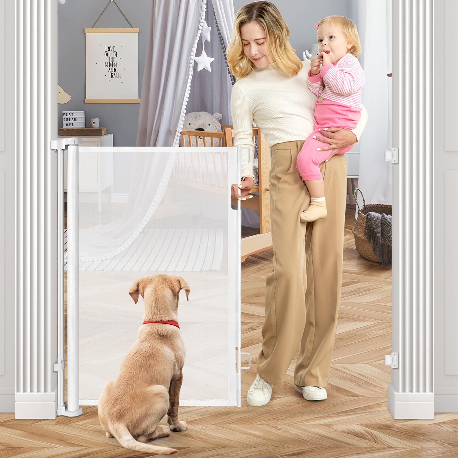 42 Inch Extra Tall Retractable Baby Gate - 55'' Wide, Extra Tall Dog Gate for Doorway