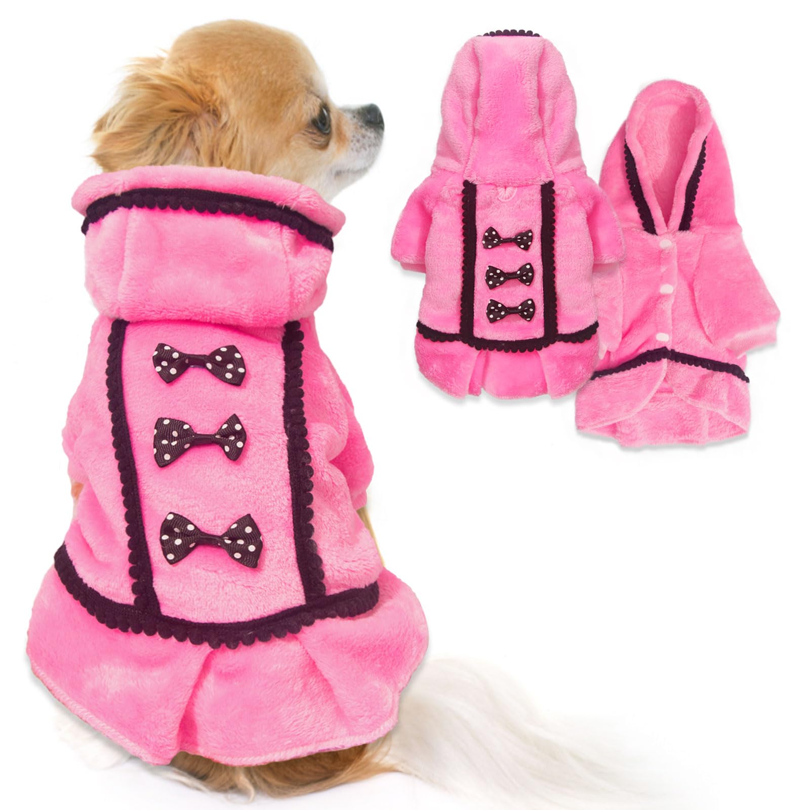 Cute Pink Puppy Sweater For Small Dogs - Warm Winter Fleece Dog Dress With Leash Hole & Bowtie (X-Small)
