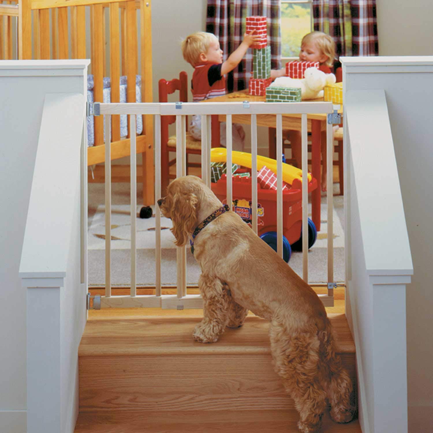 Toddleroo by North States Stairway Swing Wooden Gate, Baby Gate for Stairs. Fits 28&quot;- 42&quot; Wide. Hardware Mount. Child Gates for Doorways. Made in USA (30&quot; Tall, Sustainable Hardwood)