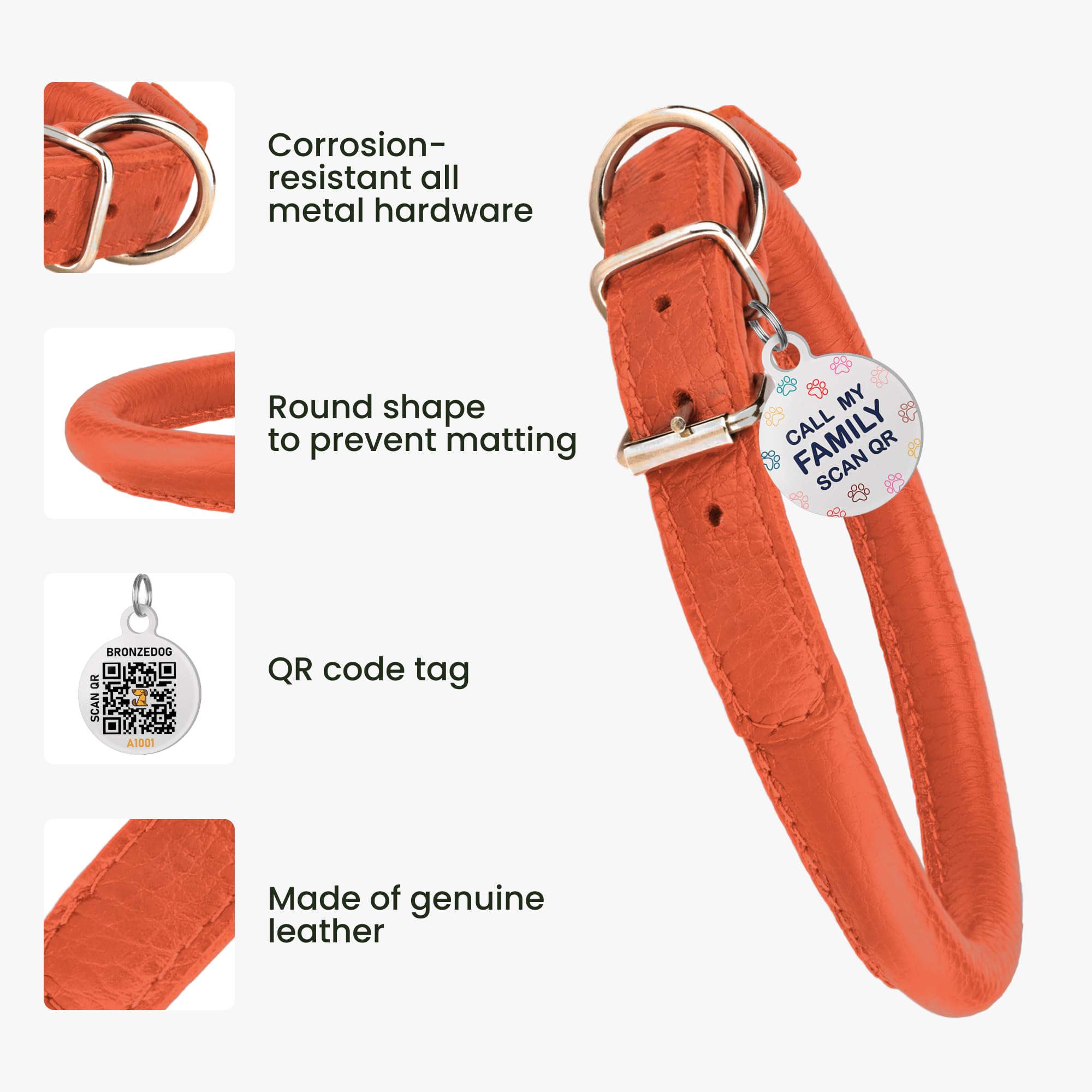 Rolled Leather Dog Collar Soft Round Collars, Id Tag For Small Medium Large Dogs (14-17 Inch, Orange)